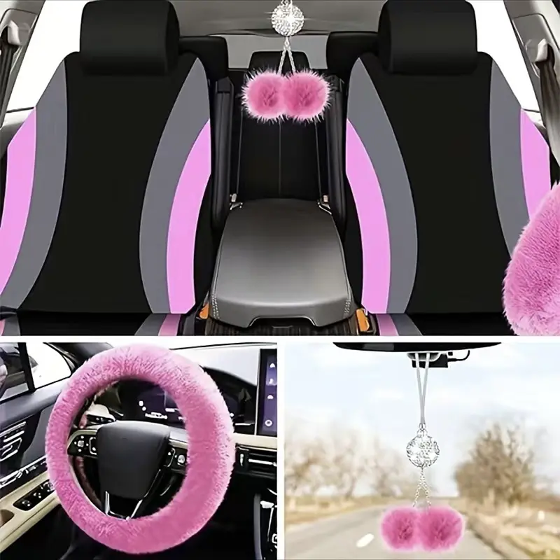 45pcs Car Seat Covers & Interior Accessories Set, Car Decor Gift: Thin Polyester Five-Seat Covers, Plush Steering Wheel Cover, Shoulder Pads, Gear Shift Knob Cover, Rearview Mirror Ornaments, Cup Coasters, Tire Valve Caps, Stitching Trim Strips