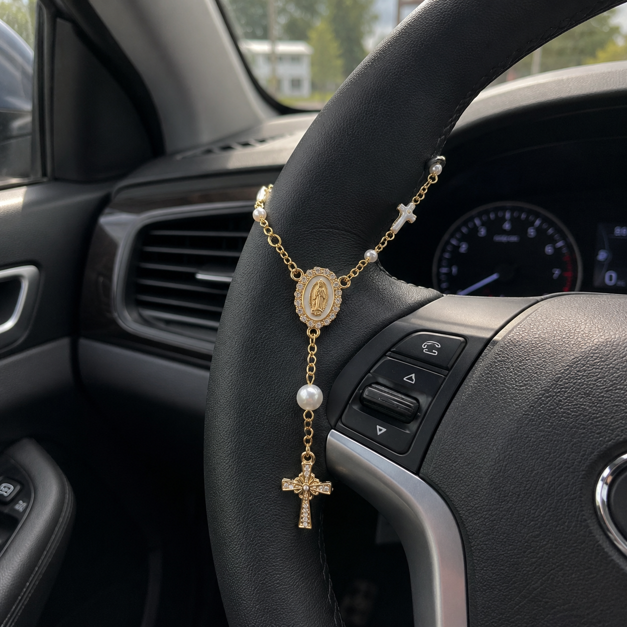 Pearl Cross Steering Wheel Rosary Car Pendant Interior Ornament Decor