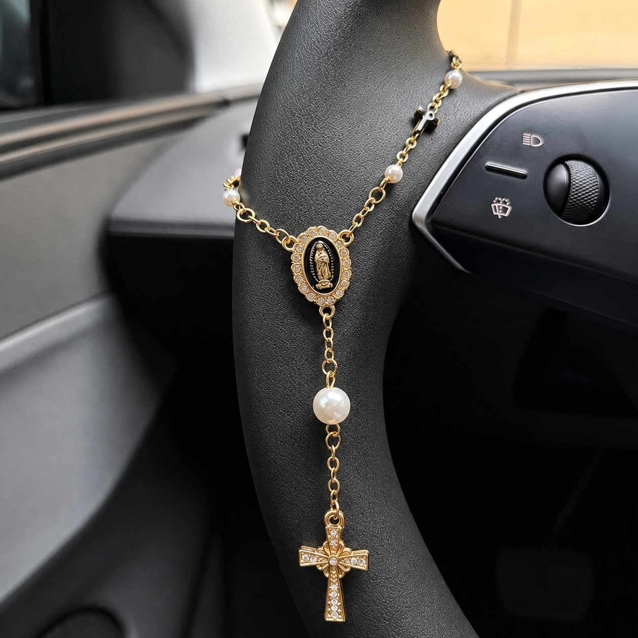 Pearl Cross Steering Wheel Rosary Car Pendant Interior Ornament Decor