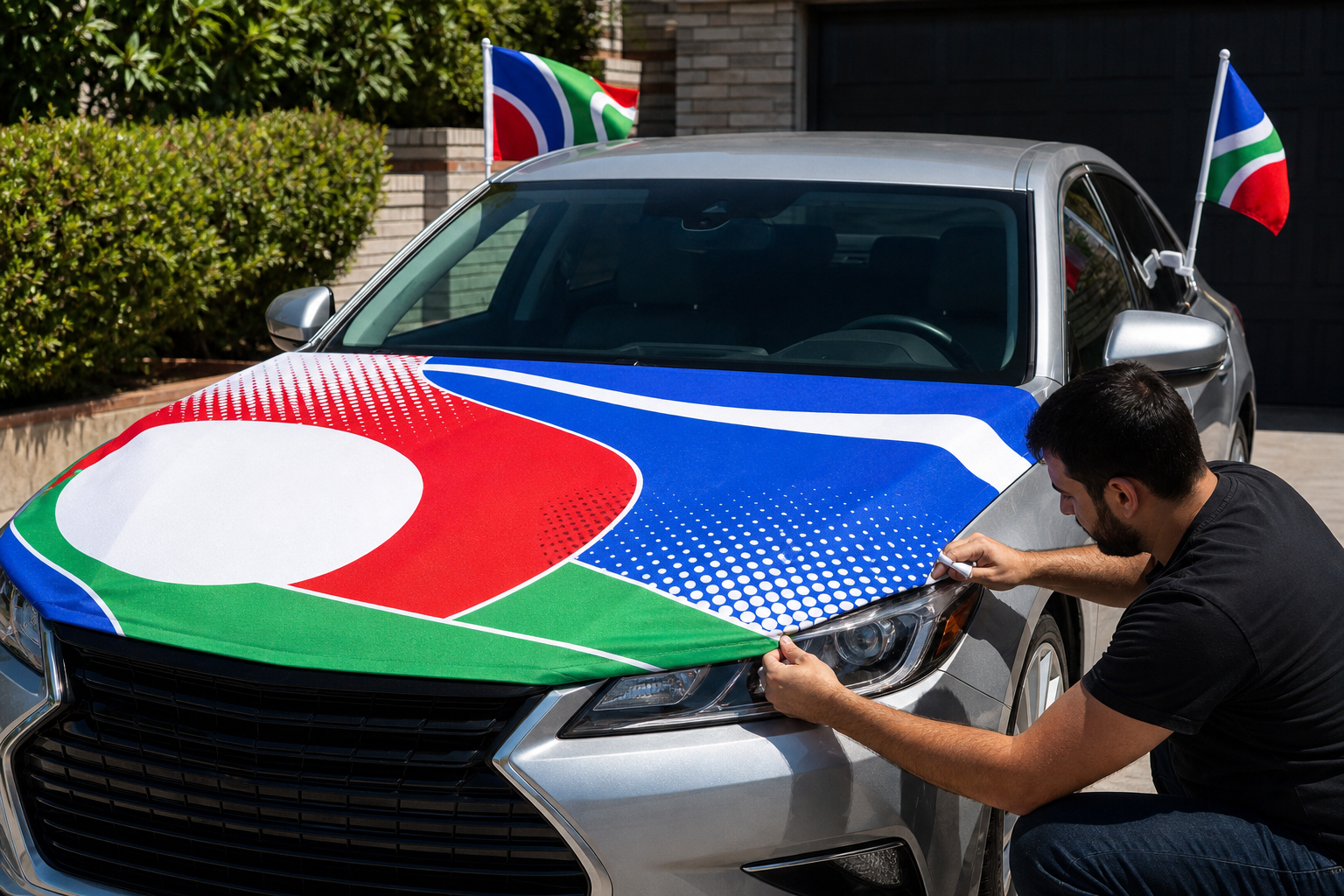 International football-themed hood cover and window flags being fitted to a car