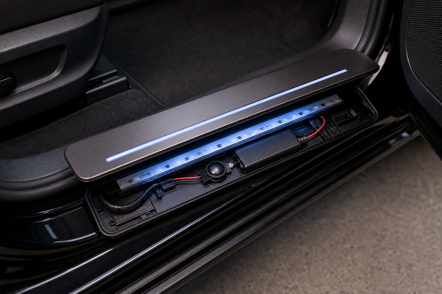 Illuminated door-sill plate revealing its LED layer, sensor and power module