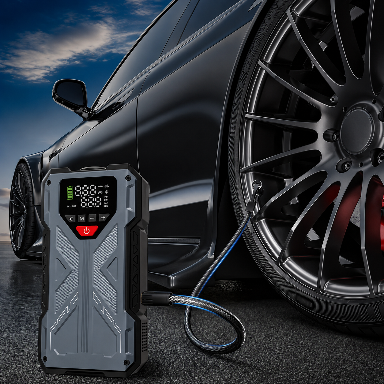 12V Battery Booster Portable Jump Starter With 150 PSI Air Compressor And LED Light
