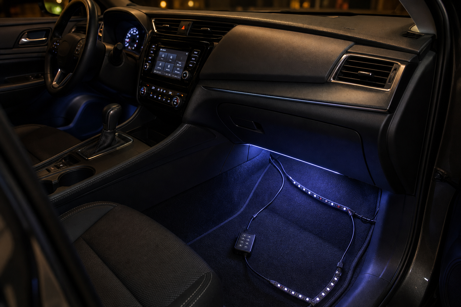 Restrained LED ambient lighting installed in a modern car interior
