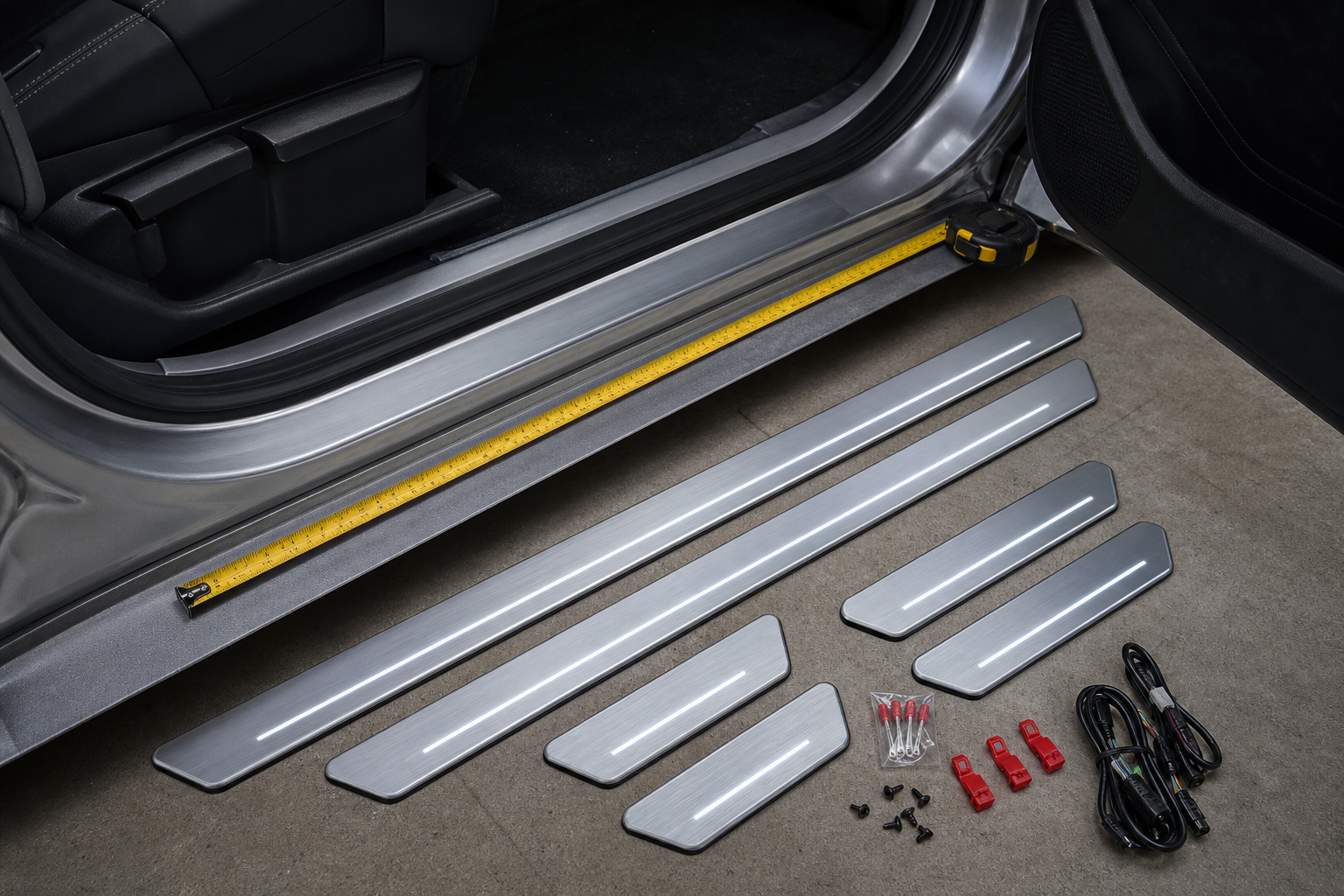 LED sill plates of different lengths arranged for a car fit check