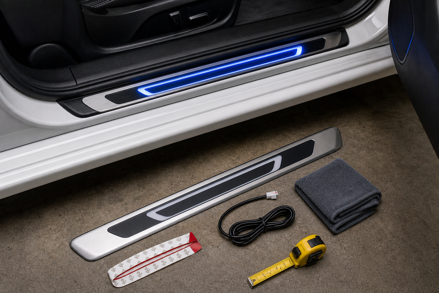 LED door-sill plate installation tools and a finished illuminated sill
