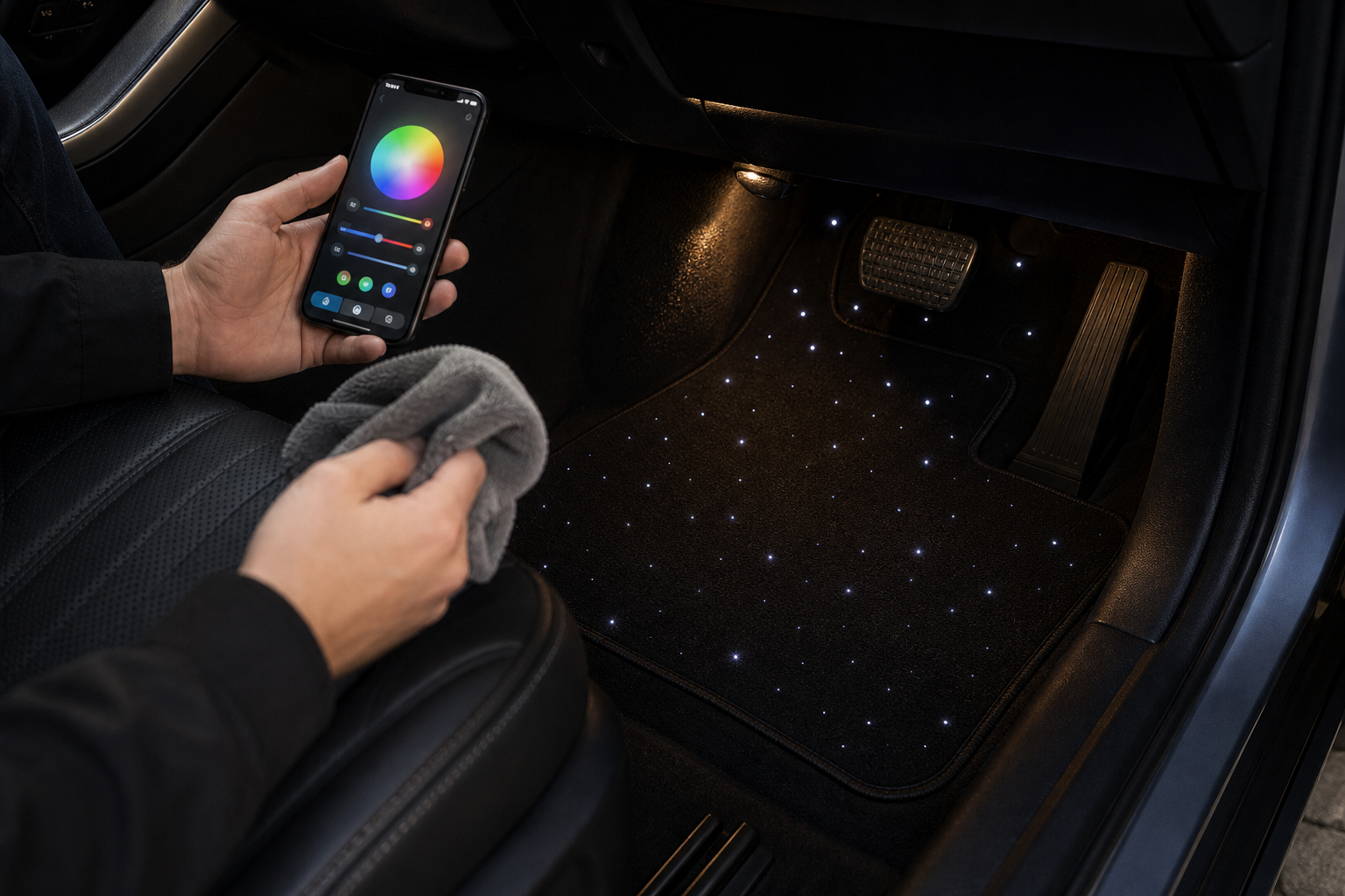 Subtle LED starlight floor mats glowing in a premium car footwell
