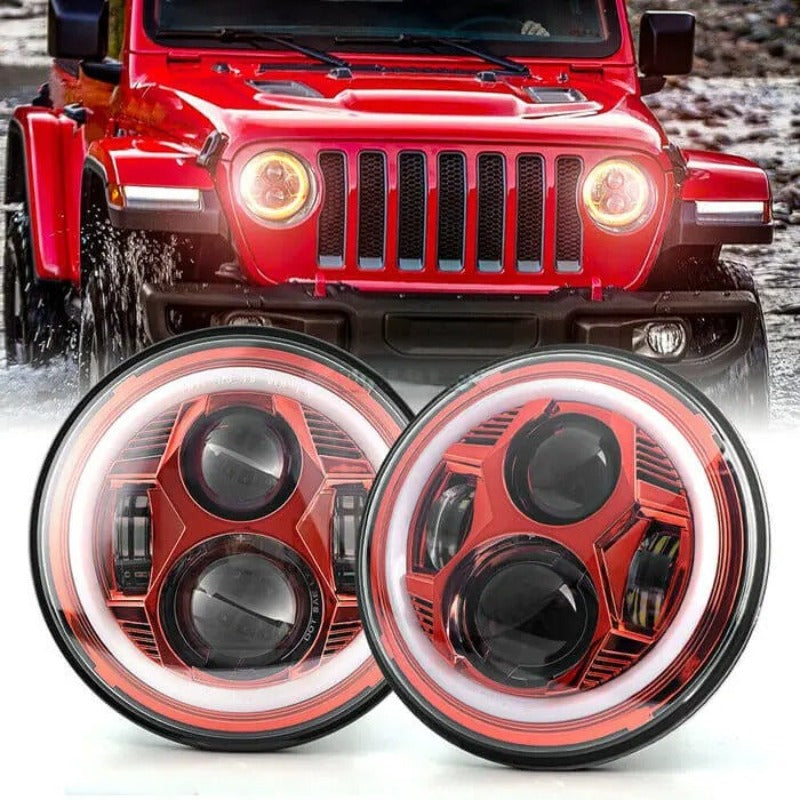 Set Of 2 Red Halo Headlights Compatible With Jeep-Car Door Sills