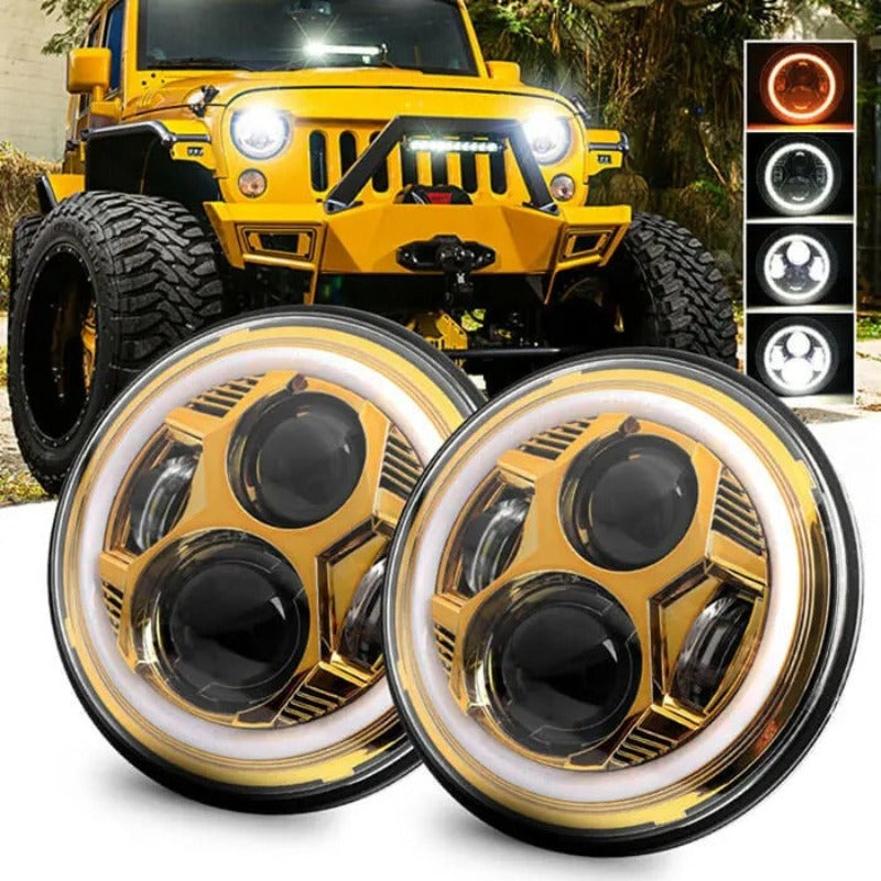 Set Of 2 Yellow Halo Headlights For Jeep-Car Door Sills
