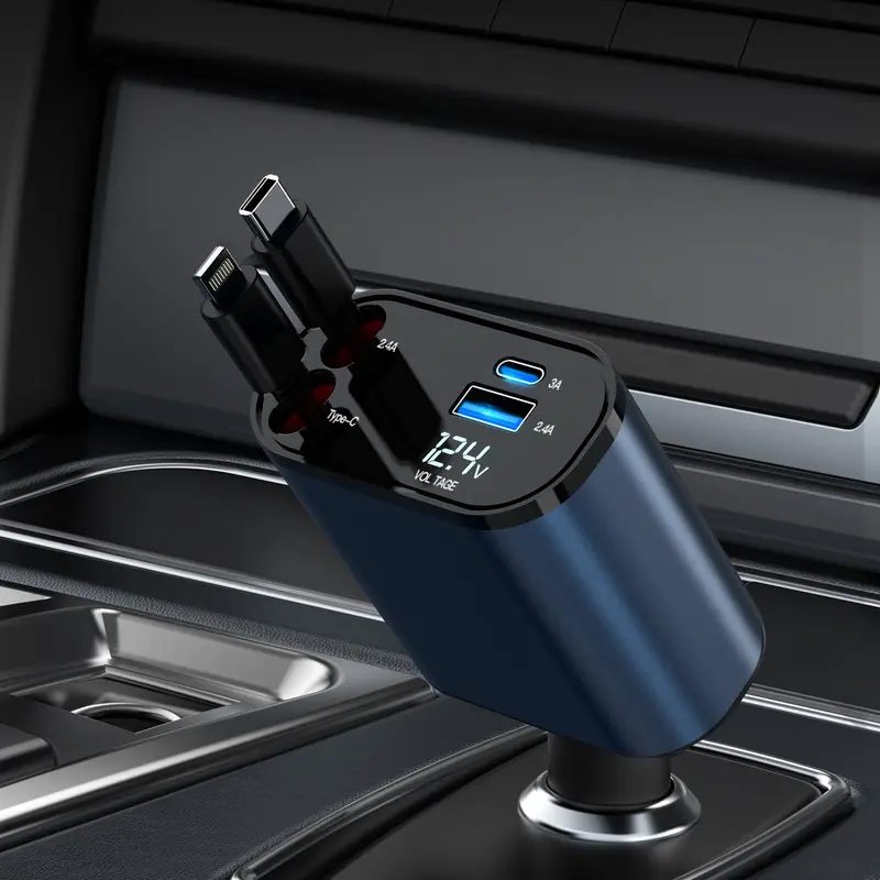 4 In 1 Retractable Car Charger With USB C Lightning And Dual Ports