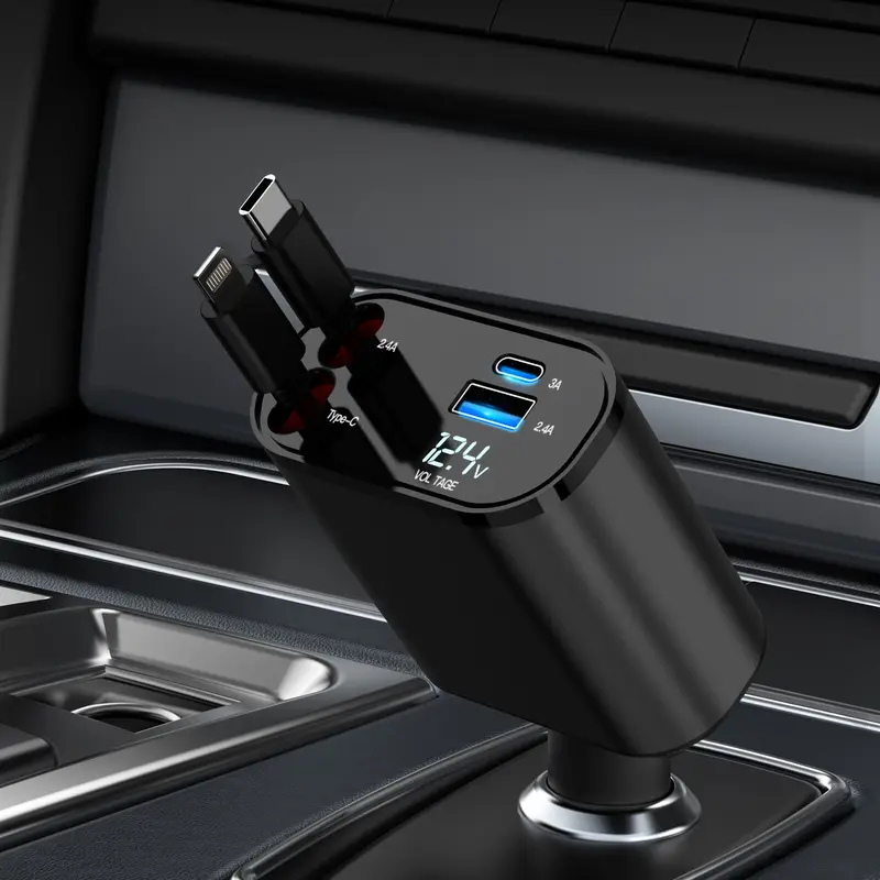 4 In 1 Retractable Car Charger With USB C Lightning And Dual Ports
