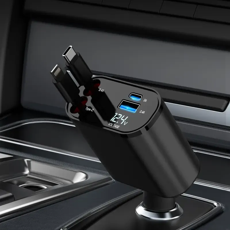 4 In 1 Retractable Car Charger With USB C Lightning And Dual Ports