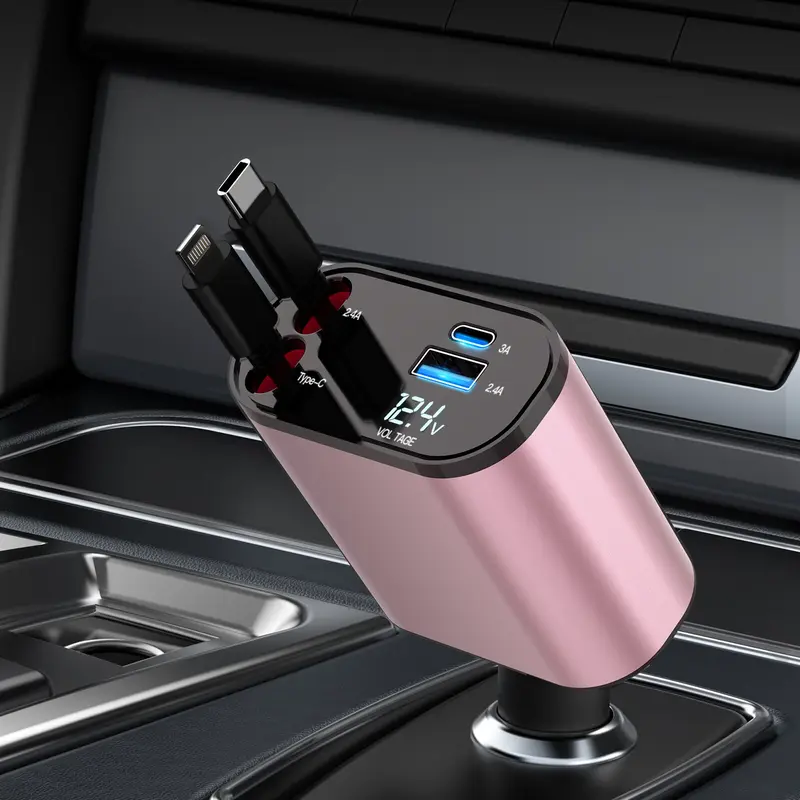 4 In 1 Retractable Car Charger With USB C Lightning And Dual Ports