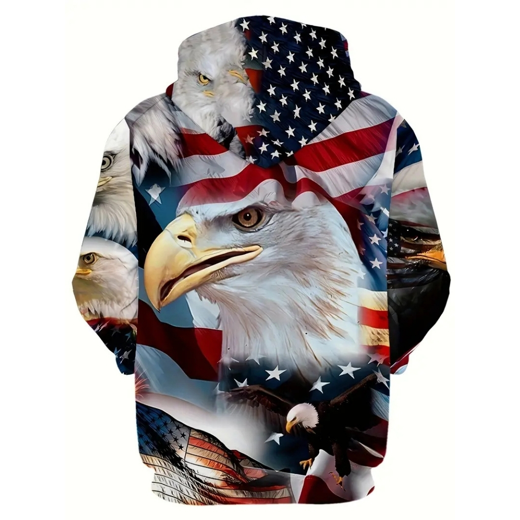  Eagle And American Flag Pattern Long Sleeve Casual Hoodie 