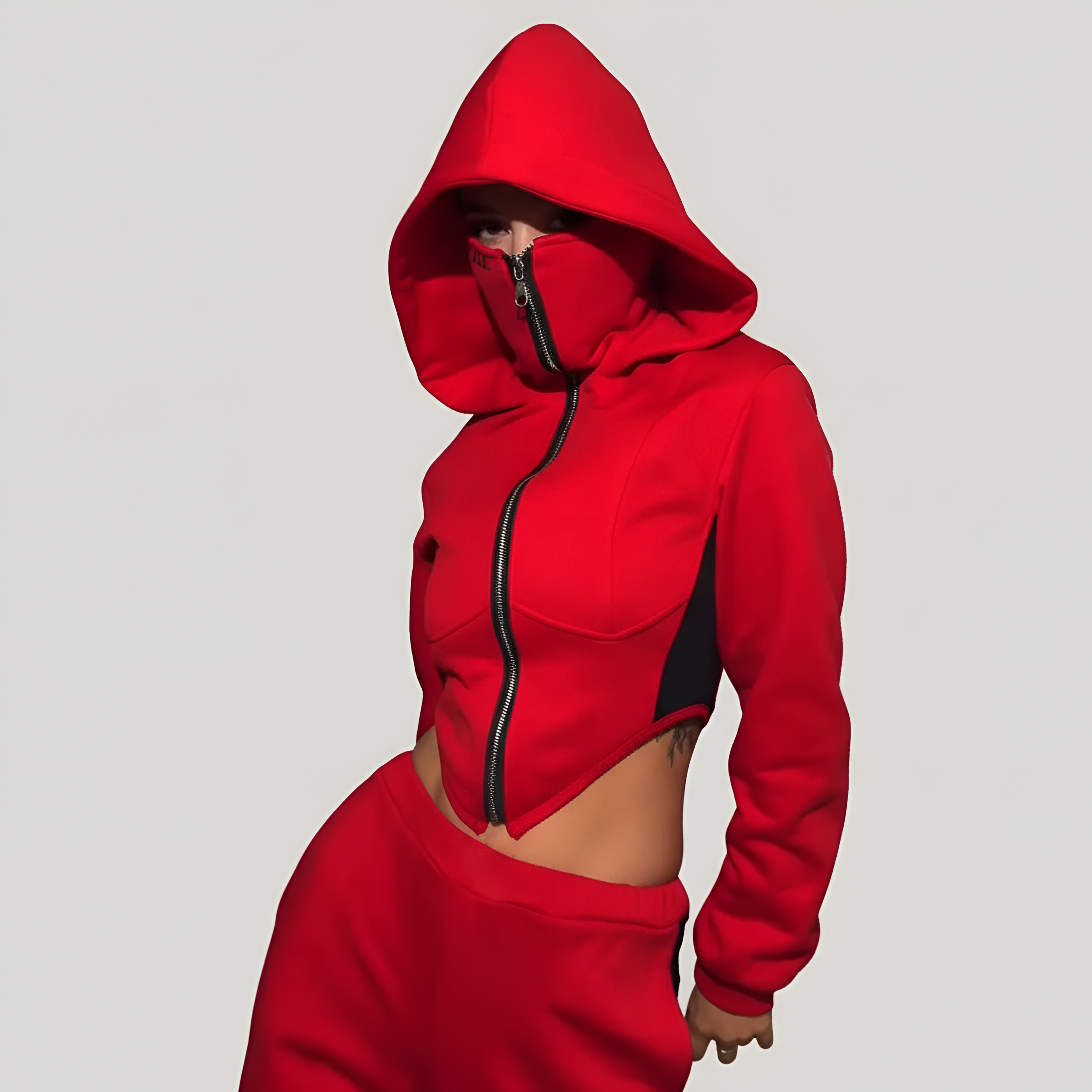 Hooded Zip Mask Sweatshirt Set With Cropped Jacket For Women
