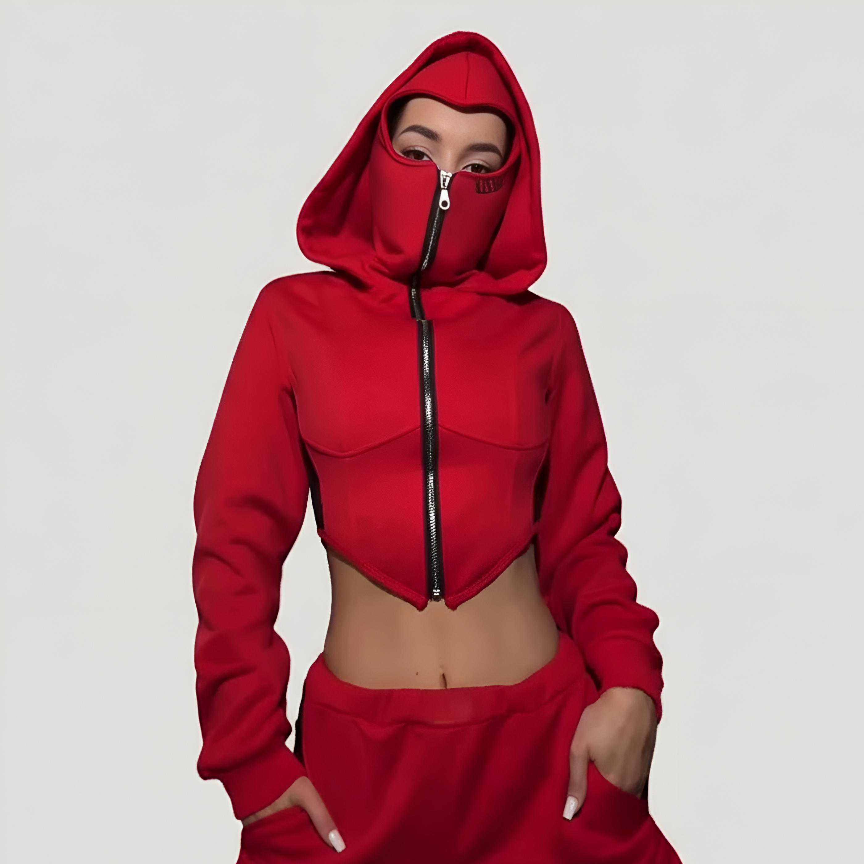 Hooded Zip Mask Sweatshirt Set With Cropped Jacket For Women