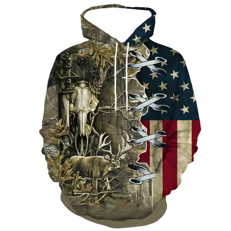  Men Deer And US Flag Graphic Print Hoodies 
