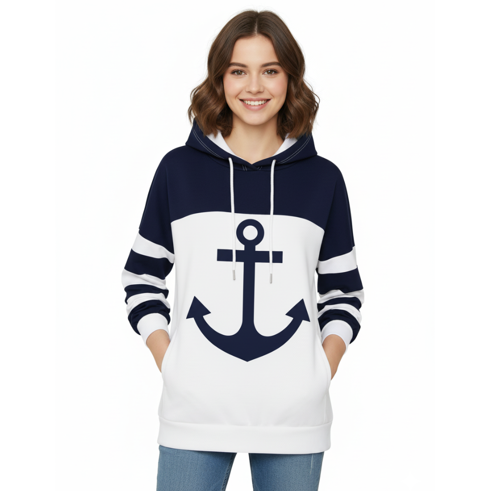 Women Casual Color Block Hoodie With an Anchor Print And Long Sleeves