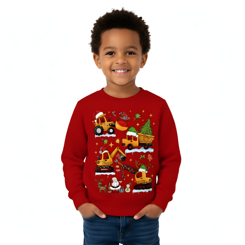 Warm Fleece Sweatshirt With Christmas Construction Cars Print For Boys