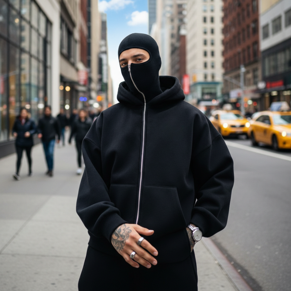 Zip Up Hoodie With Built In Mask For Winter Wear