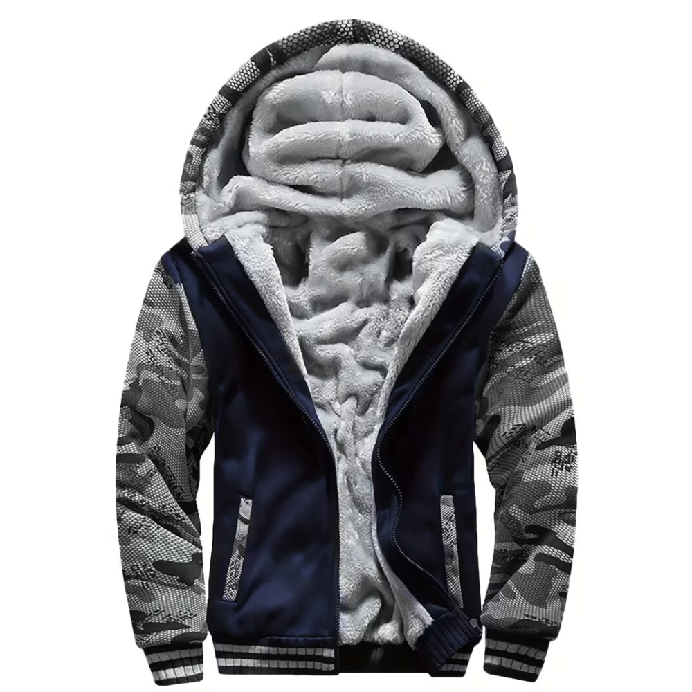 Casual Warm Fleece Lining Knit Zip Front Hoodie For Winter