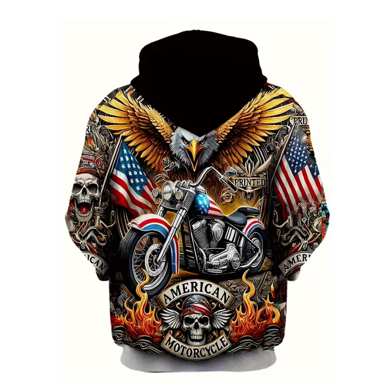 Men American Flag Hoodie With Eagle Motorcycle Graphic Pullover