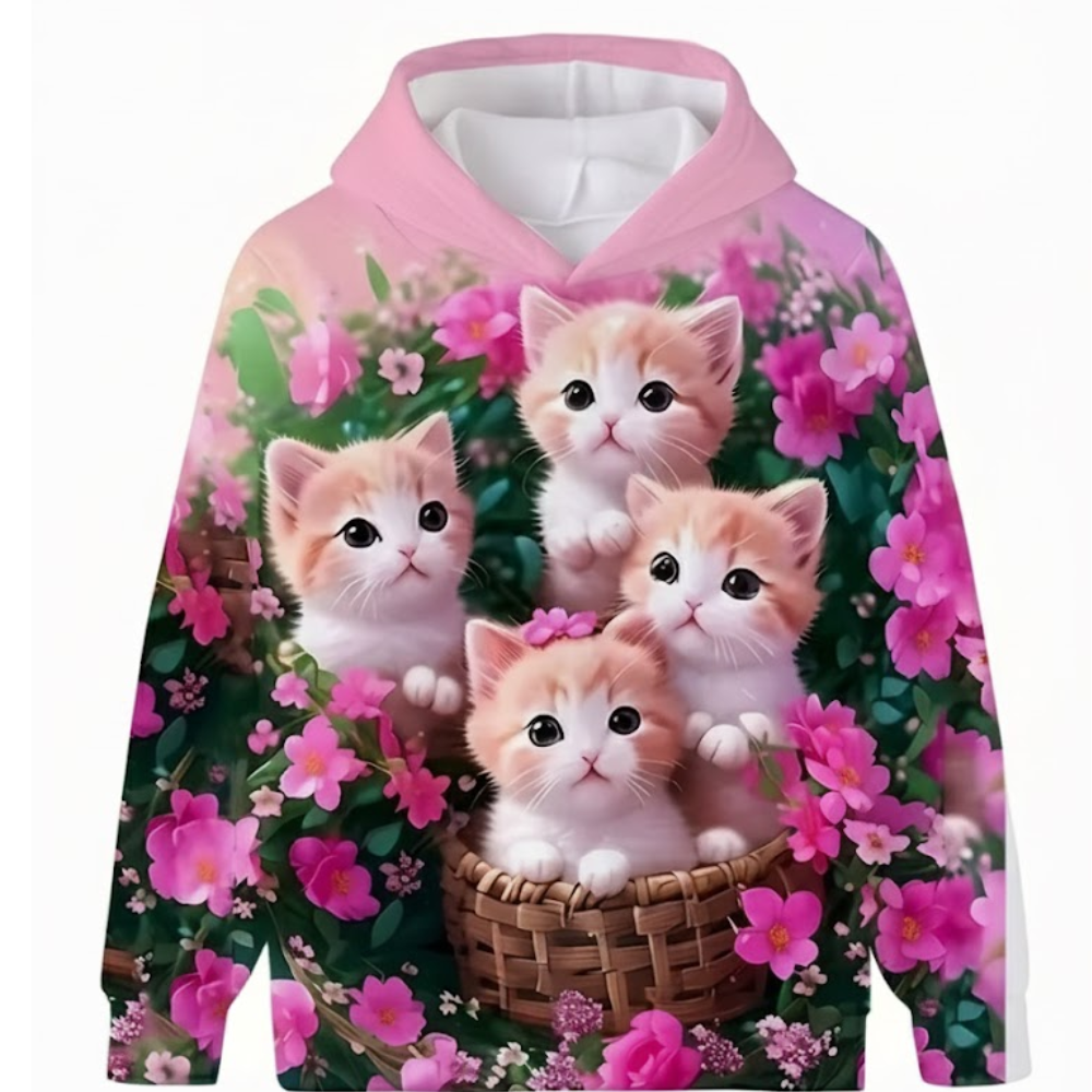 Kitten Graphic Print Hoodie With Floral Details For Kids