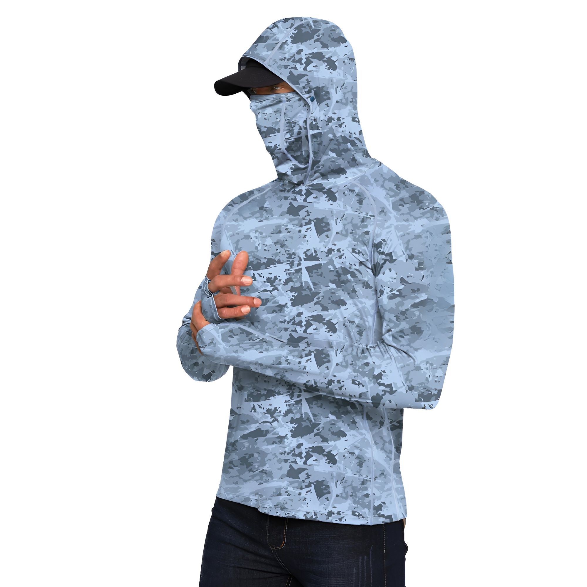 Sun Hoodie Shirts w/ UV Detection Mask Neck Gaiter Thumbhole Men UPF 100+ Sun Protection Long Sleeve