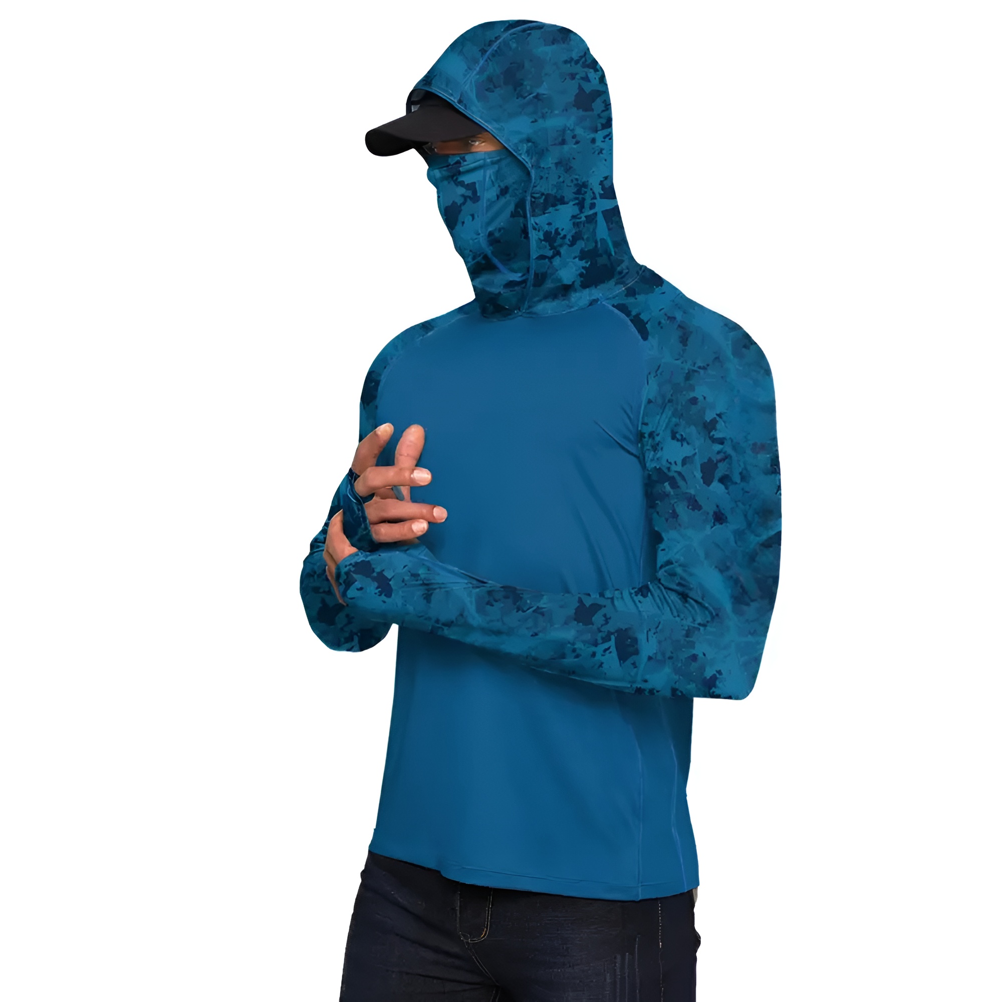Sun Hoodie Shirts w/ UV Detection Mask Neck Gaiter Thumbhole Men UPF 100+ Sun Protection Long Sleeve