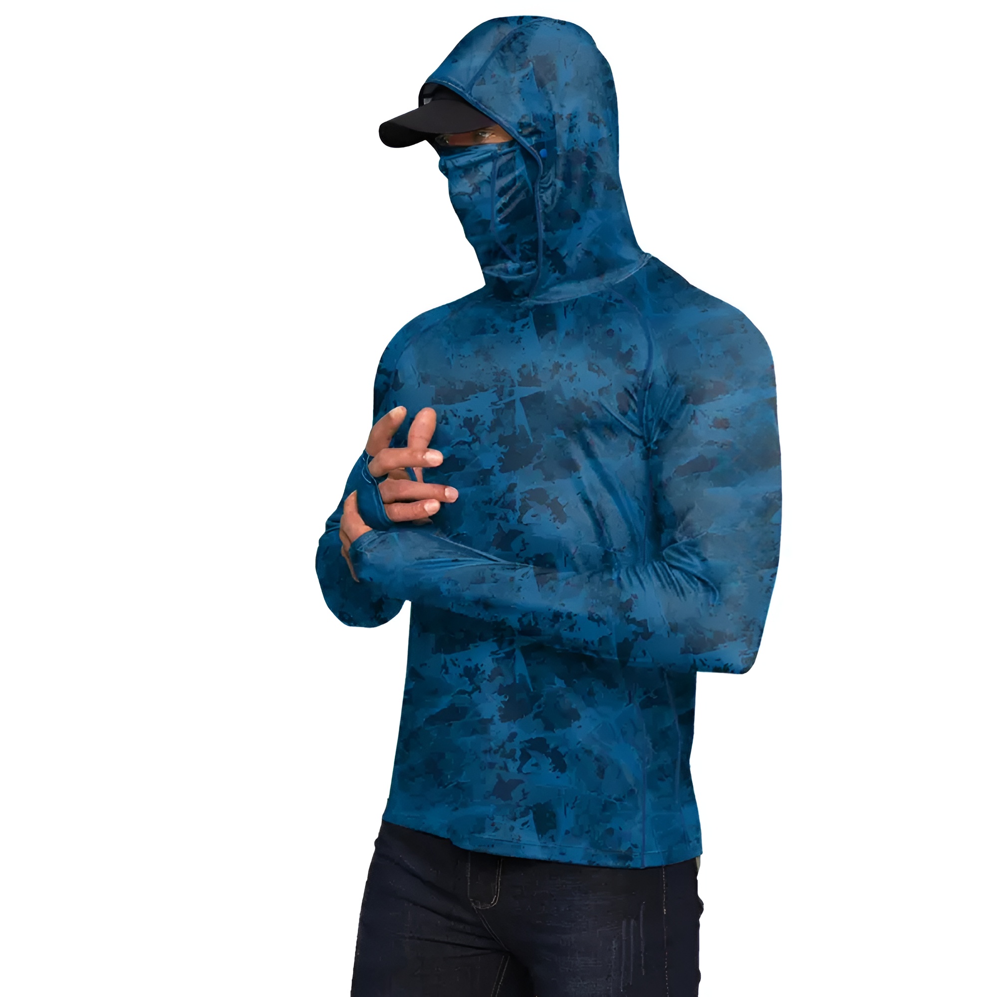 Sun Hoodie Shirts w/ UV Detection Mask Neck Gaiter Thumbhole Men UPF 100+ Sun Protection Long Sleeve