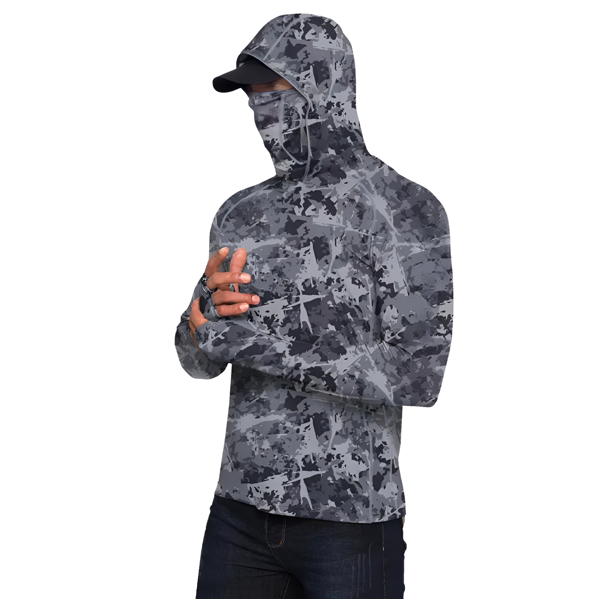 Sun Hoodie Shirts w/ UV Detection Mask Neck Gaiter Thumbhole Men UPF 100+ Sun Protection Long Sleeve