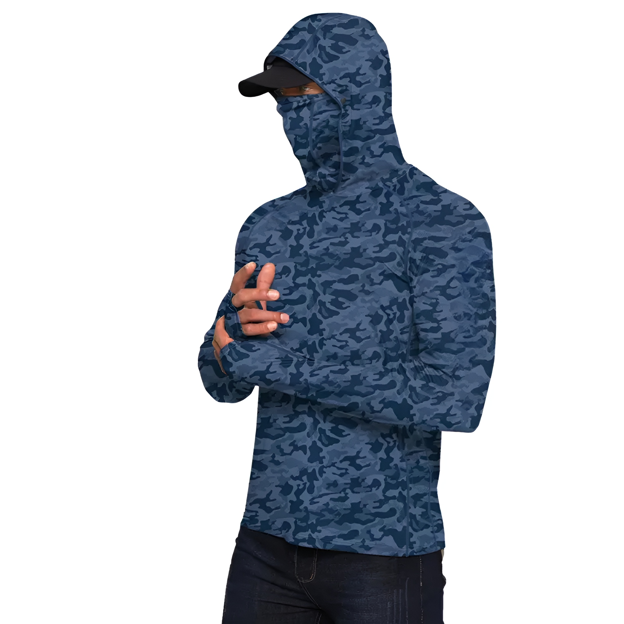 Sun Hoodie Shirts w/ UV Detection Mask Neck Gaiter Thumbhole Men UPF 100+ Sun Protection Long Sleeve