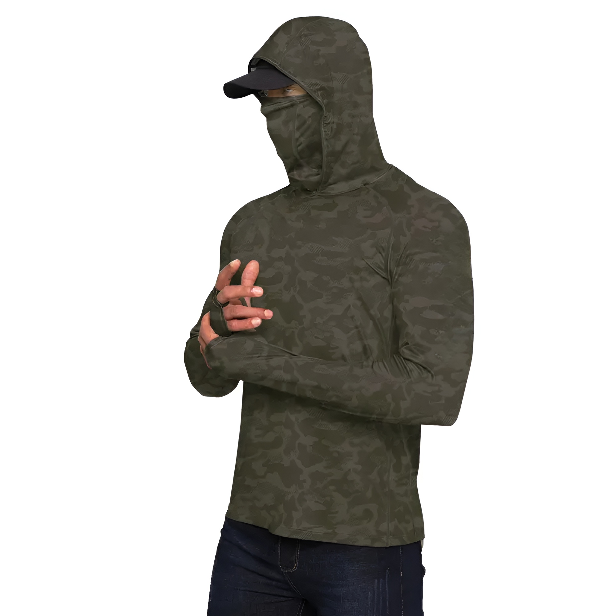 Sun Hoodie Shirts w/ UV Detection Mask Neck Gaiter Thumbhole Men UPF 100+ Sun Protection Long Sleeve