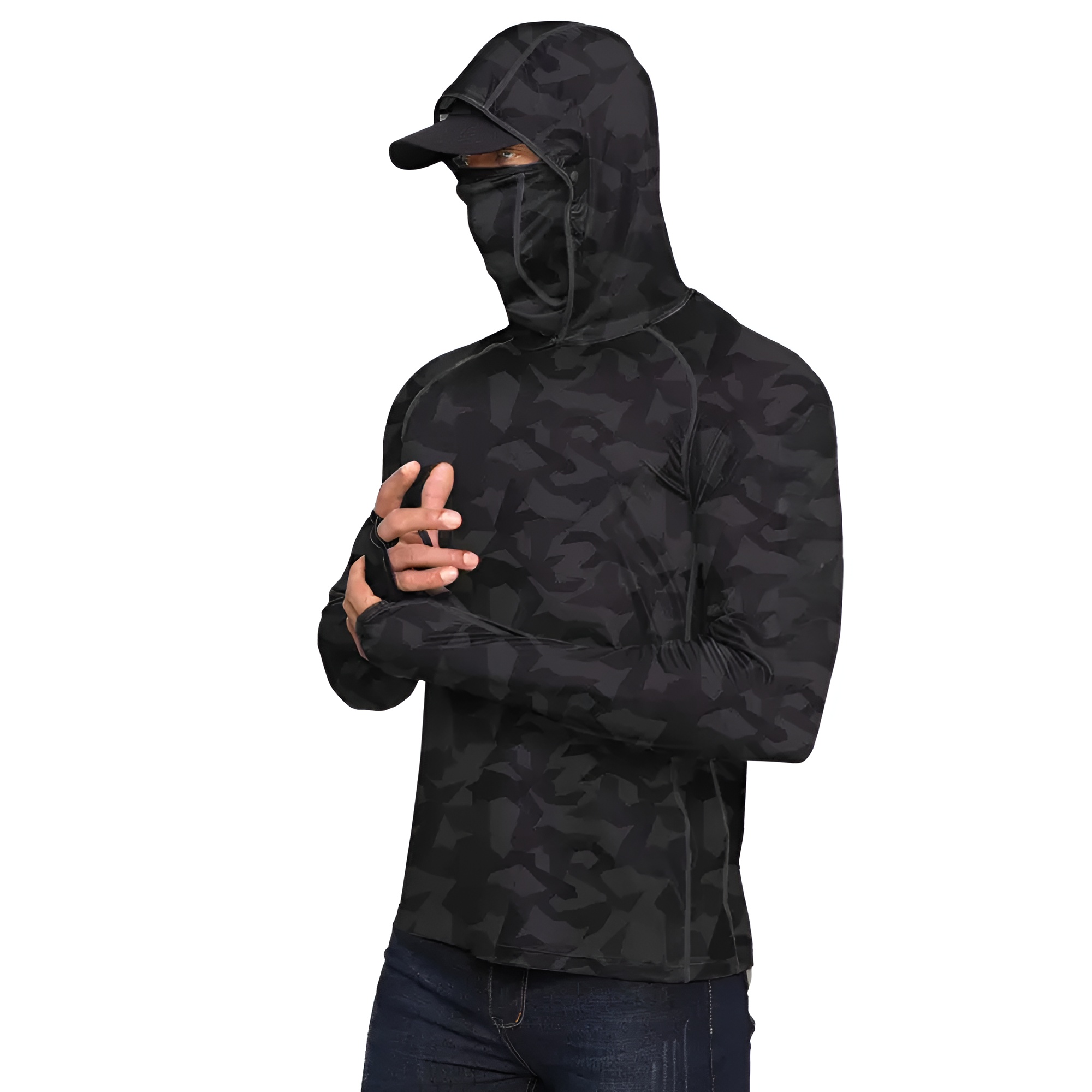 Sun Hoodie Shirts w/ UV Detection Mask Neck Gaiter Thumbhole Men UPF 100+ Sun Protection Long Sleeve