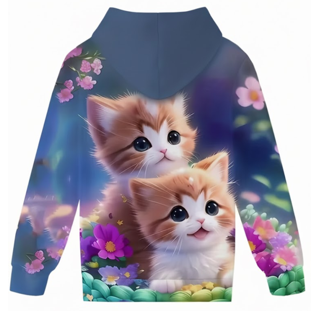 Kitten Graphic Print Hoodie With Floral Details For Kids