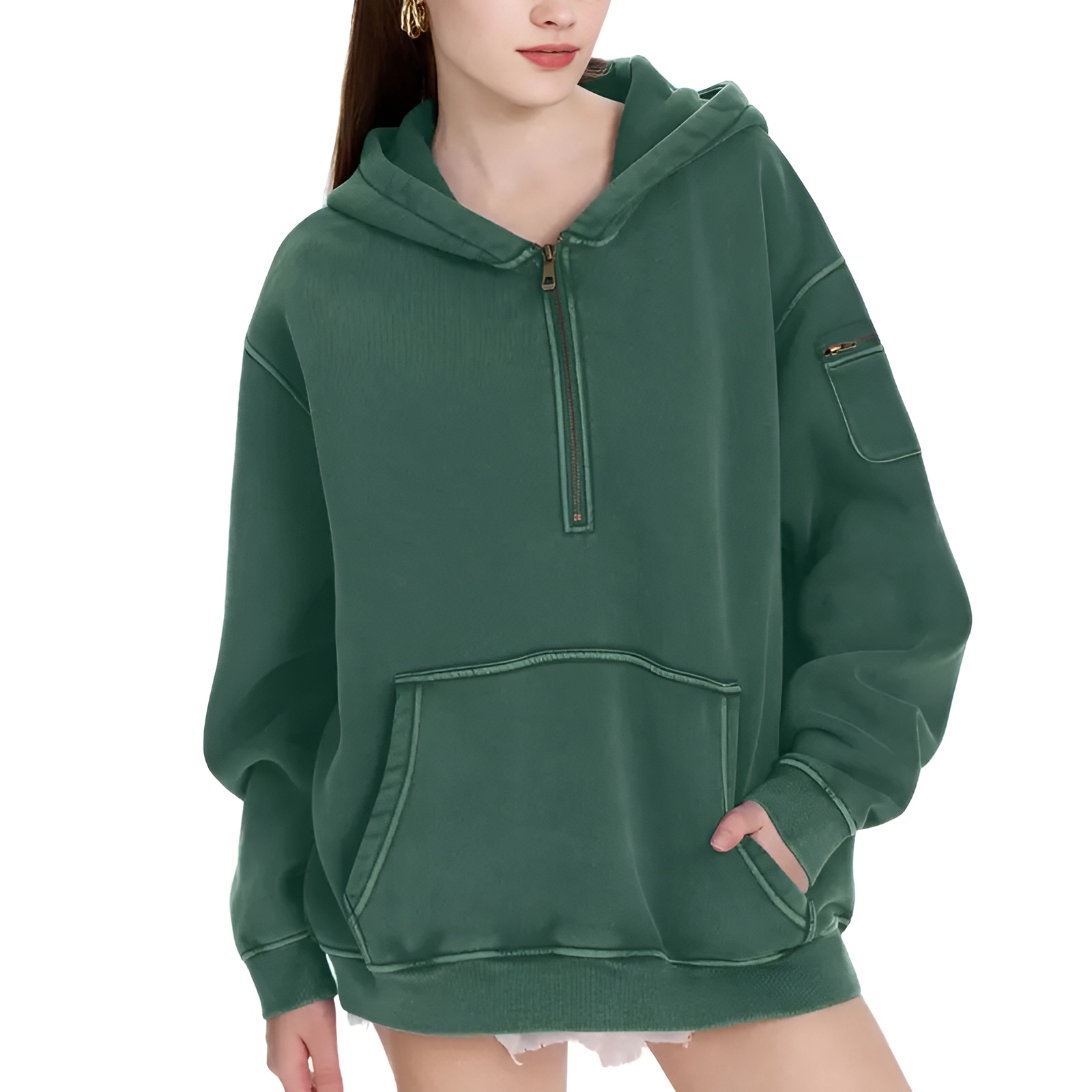Oversized Hoodie for Women Heavyweight Fleece Half Zip Pullover with Kangaroo Pocket
