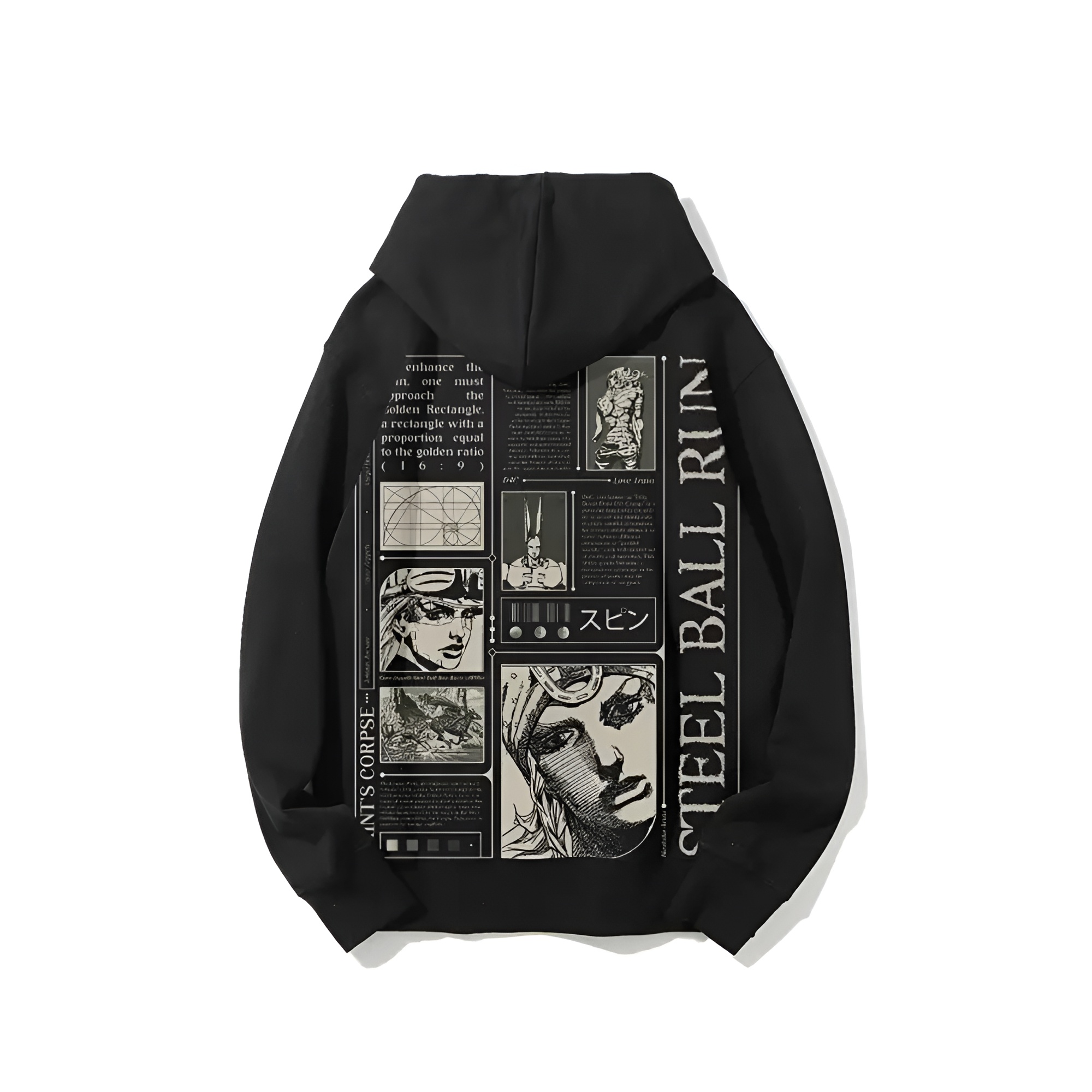 Steel Ball Run, with black and white comic-style panels and text on the back, including "SAINT'S CORPSE"