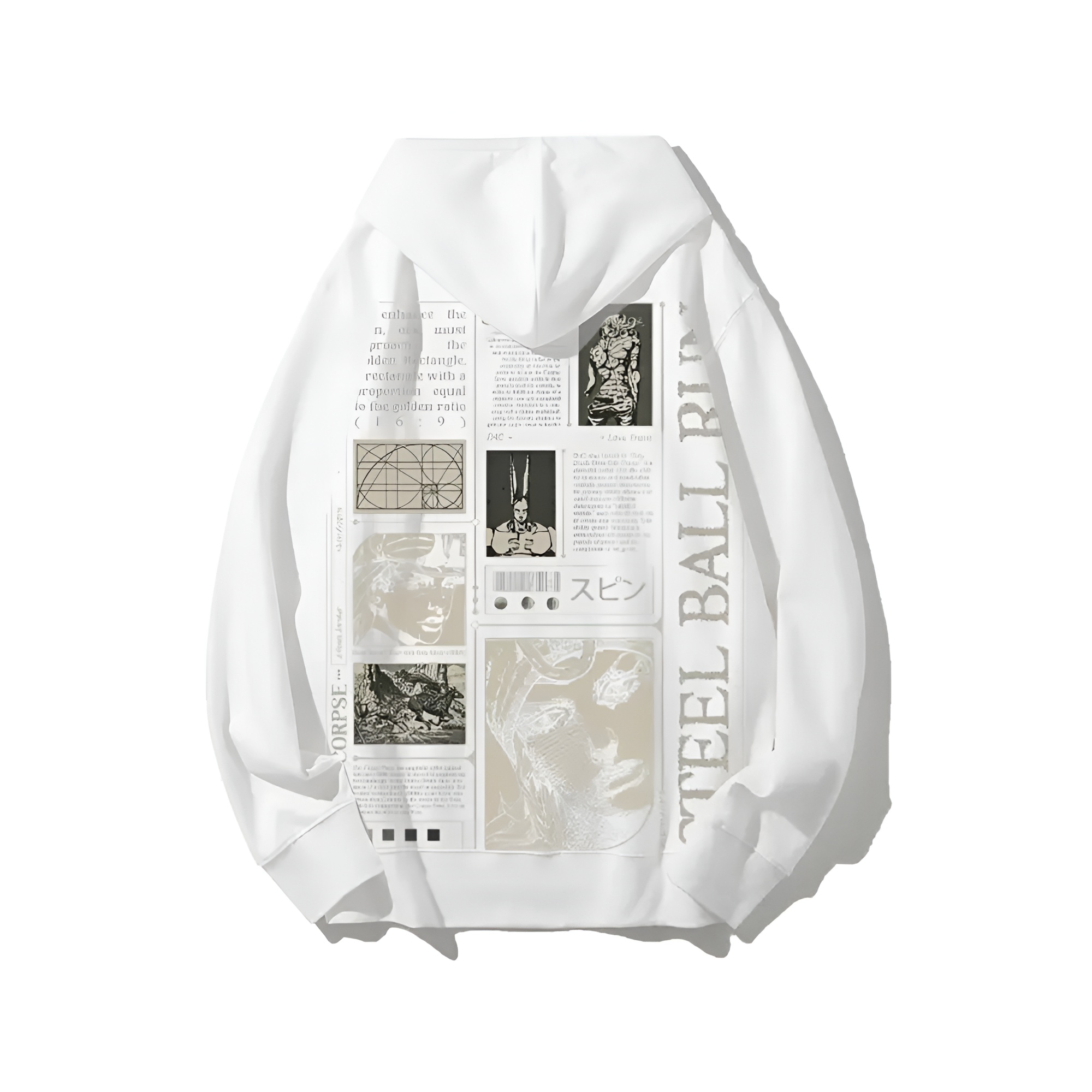 Steel Ball Run, with black and white comic-style panels and text on the back, including "SAINT'S CORPSE"