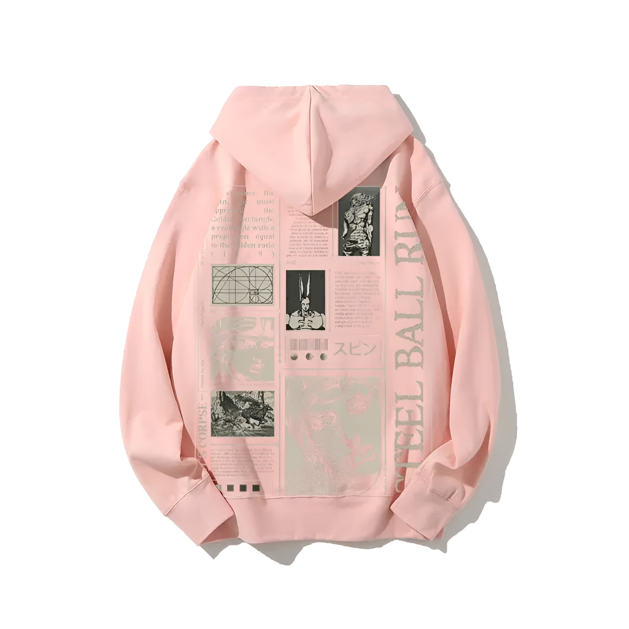 Steel Ball Run, with black and white comic-style panels and text on the back, including "SAINT'S CORPSE"