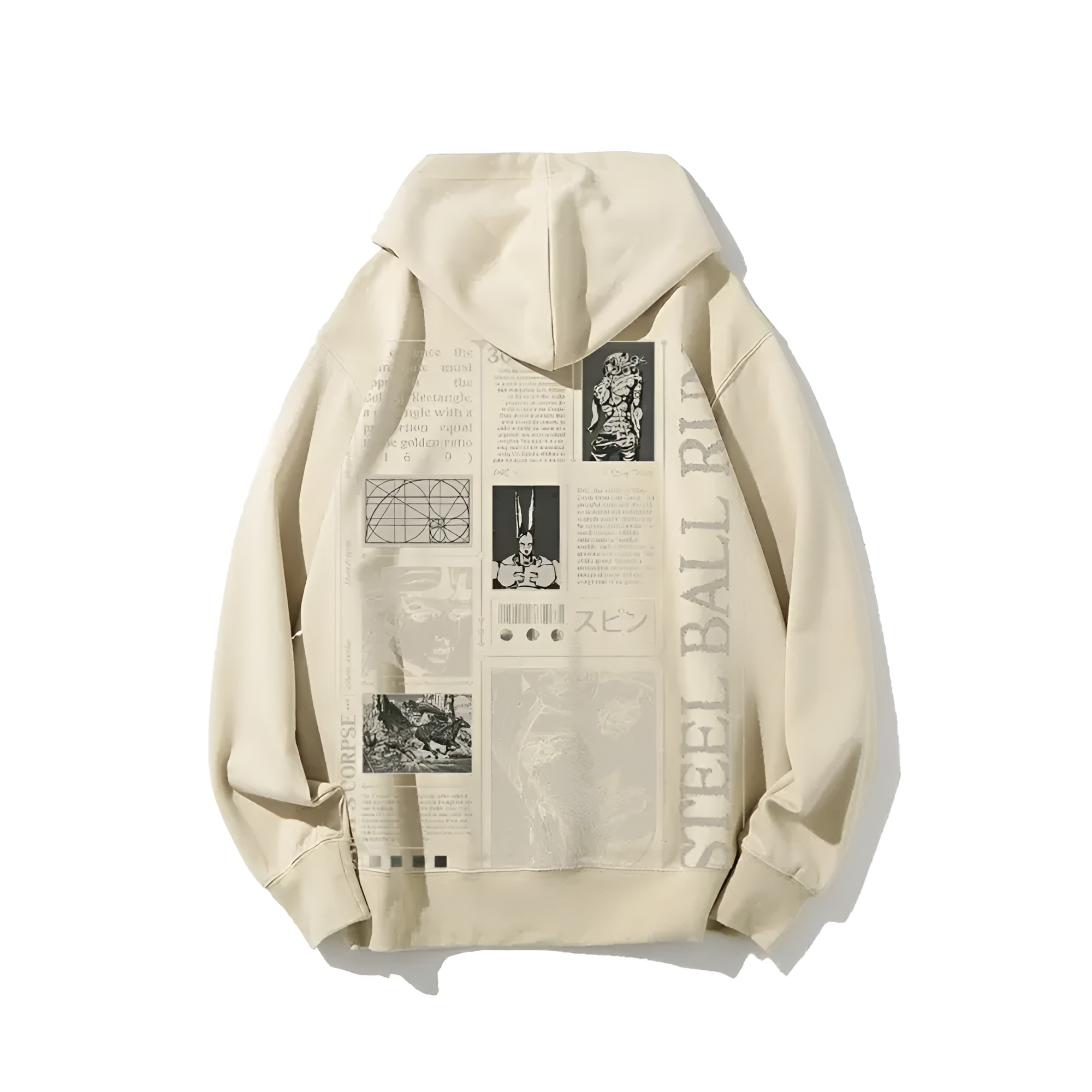 Steel Ball Run, with black and white comic-style panels and text on the back, including "SAINT'S CORPSE"