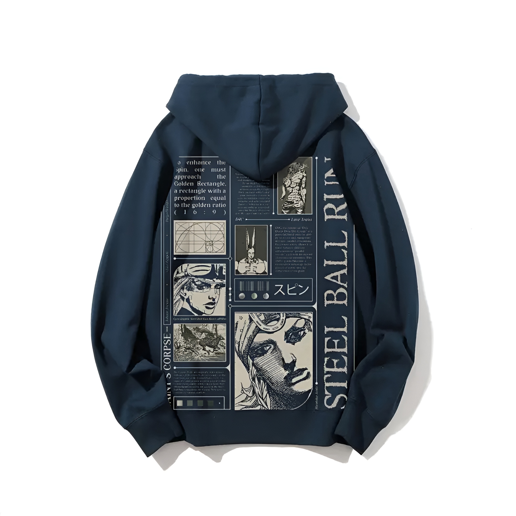 Steel Ball Run, with black and white comic-style panels and text on the back, including "SAINT'S CORPSE"