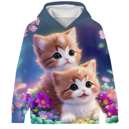 Kitten Graphic Print Hoodie With Floral Details For Kids