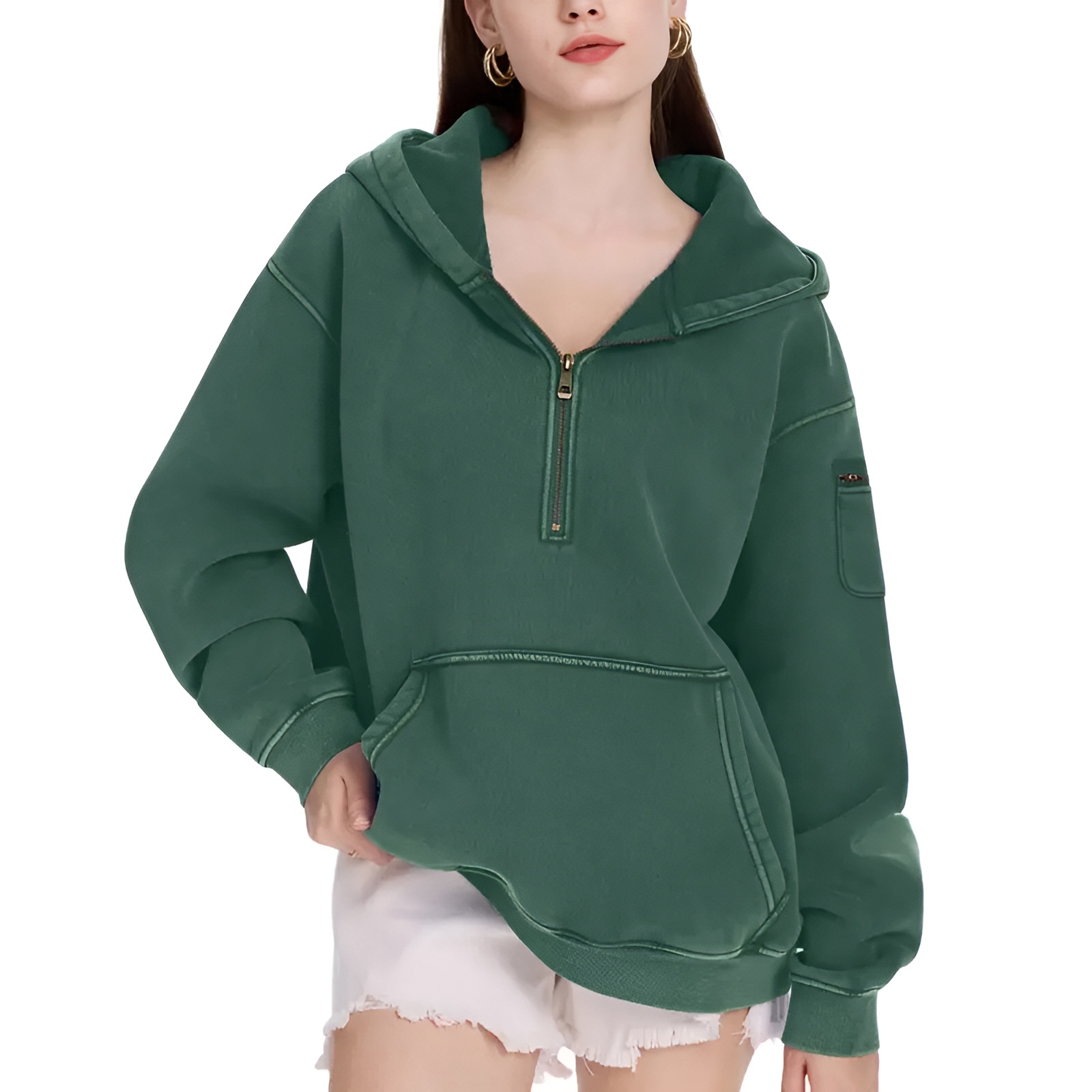 Oversized Hoodie for Women Heavyweight Fleece Half Zip Pullover with Kangaroo Pocket