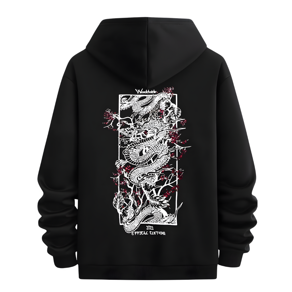  Men Dragon Pattern Print Hooded Sweatshirt