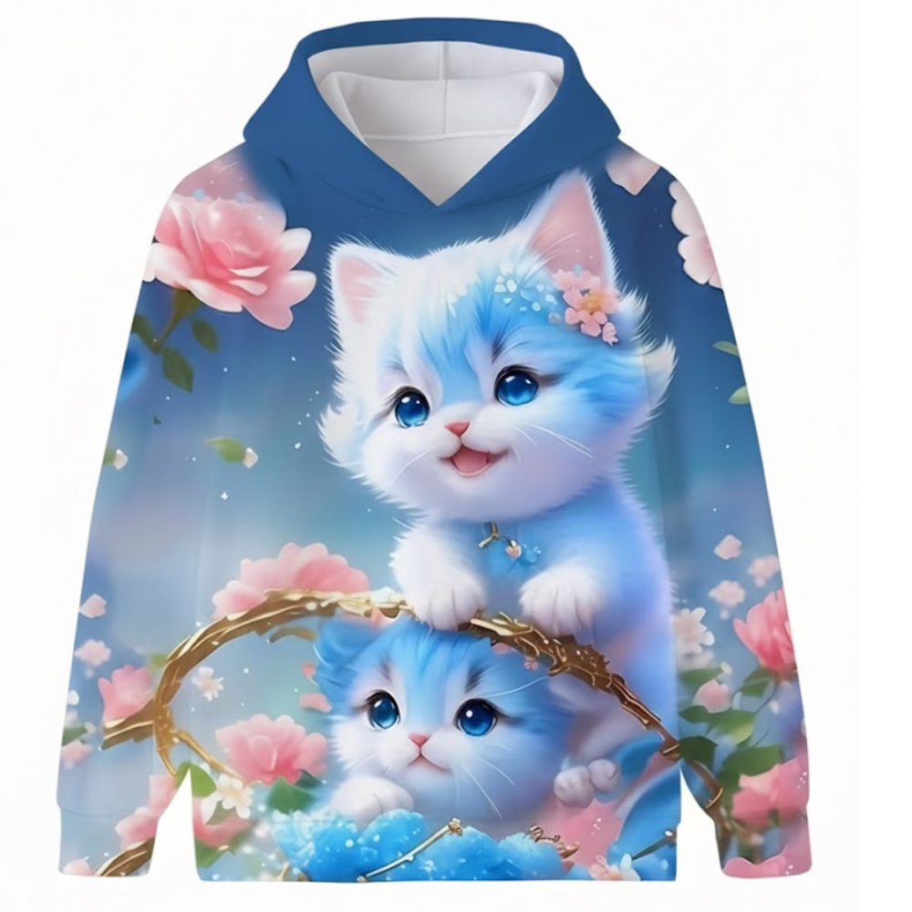 Kitten Graphic Print Hoodie With Floral Details For Kids