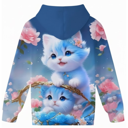 Kitten Graphic Print Hoodie With Floral Details For Kids