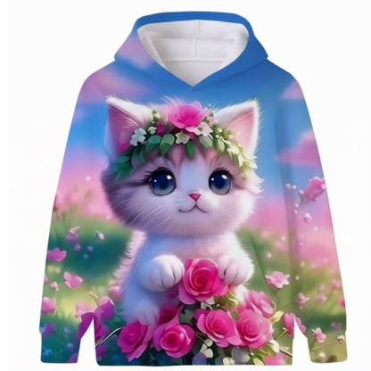 Kitten Graphic Print Hoodie With Floral Details For Kids