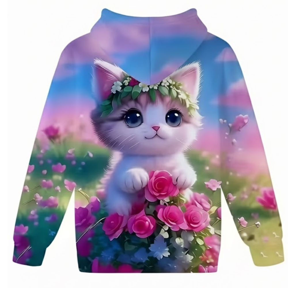 Kitten Graphic Print Hoodie With Floral Details For Kids