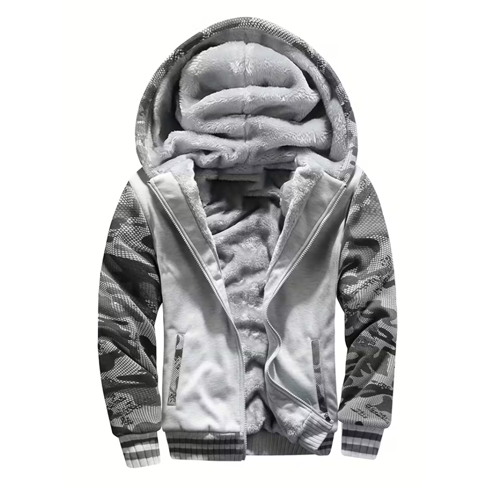 Casual Warm Fleece Lining Knit Zip Front Hoodie For Winter
