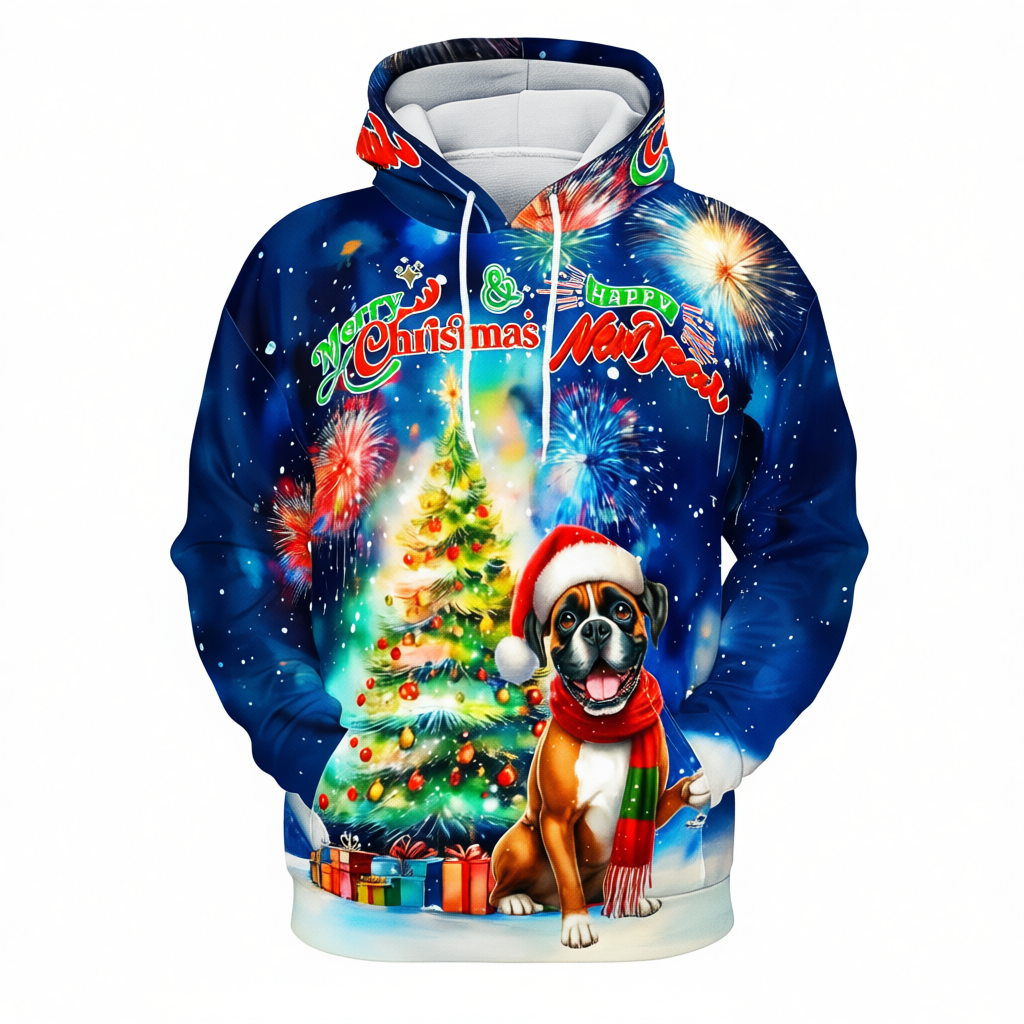 Blue Christmas hoodie with a Santa-hat dog, tree, presents and fireworks
