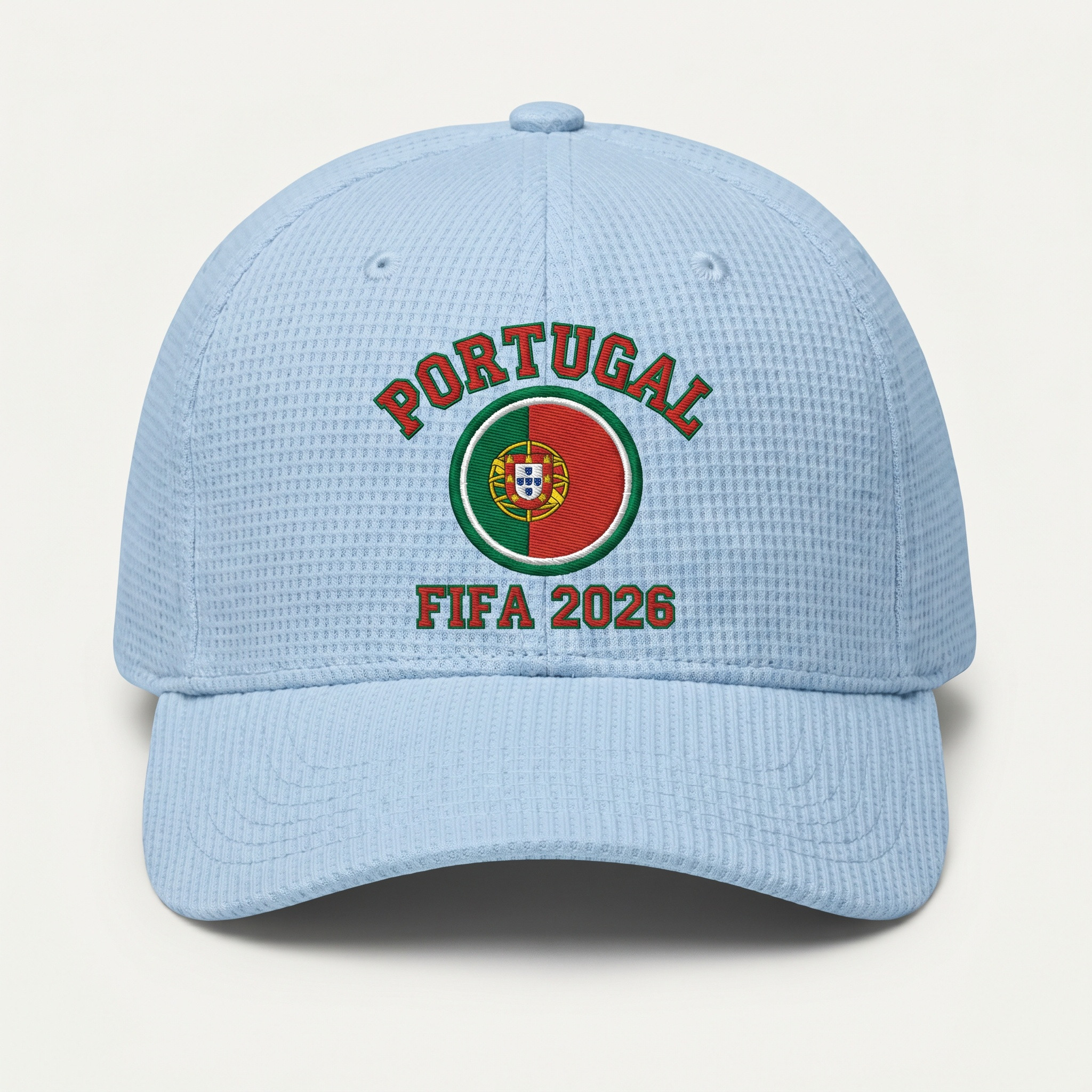 Portugal FIFA 2026 waffle knit adjustable football fan cap light blue with embroidered Portugal flag patch